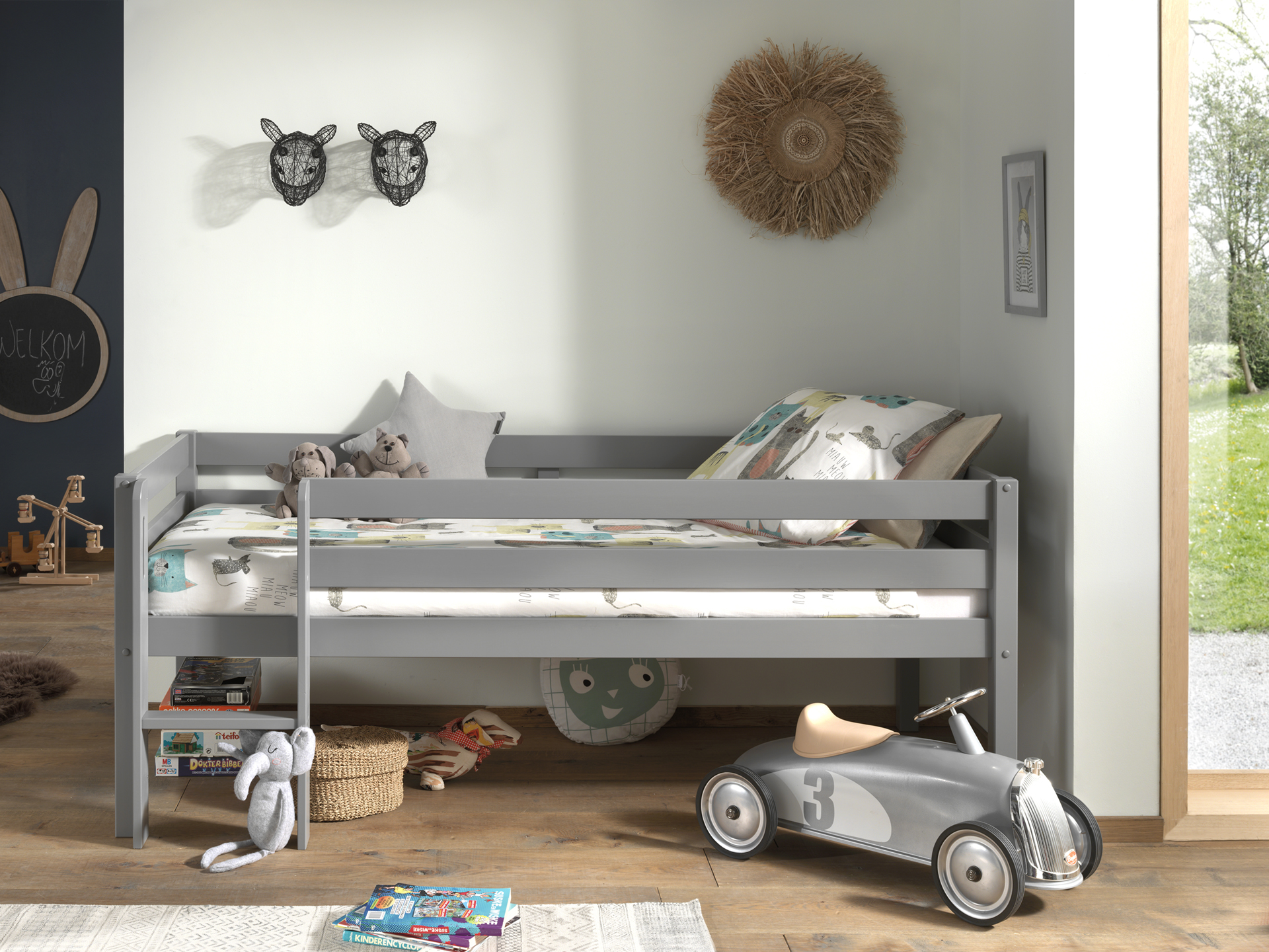 LUCEVI - Pino Halfhoogslaper met Ladder 90x200cm - Grijs - H85CM