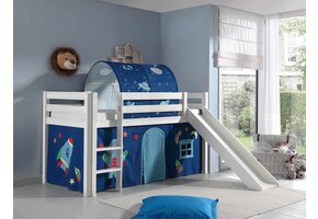 LUCEVI - Pino Halfhoogslaper + Ladder + Glijbaan + Astro Gordijntjes + Astro Tunnel - Wit - 90x200 cm