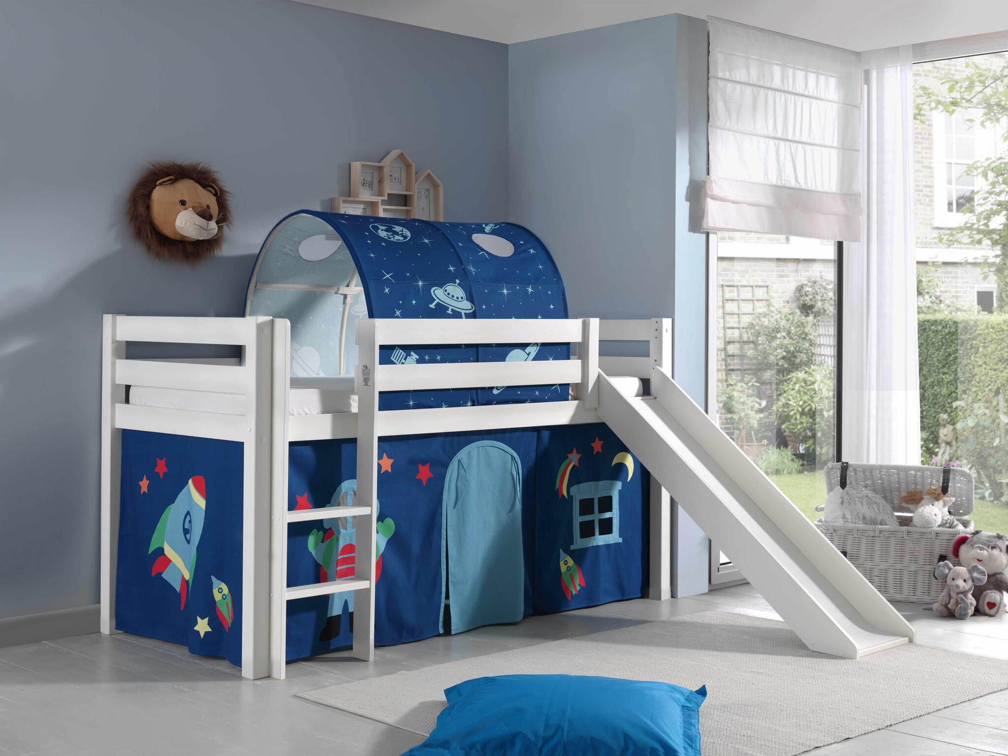 LUCEVI - Pino Halfhoogslaper + Ladder + Glijbaan + Astro Gordijntjes + Astro Tunnel - Wit - 90x200 cm