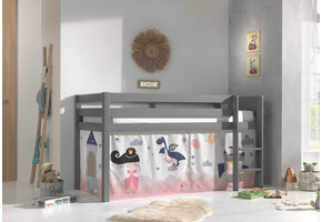 LUCEVI - Pino Halfhoogslaper H115CM + Ladder + Princess Sophie Gordijntjes - Grijs - 90x200 cm