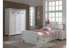 LUCEVI - Amori bed + Nachtkastje + 3 Deurs Kleerkast + Rolbed - Wit - 90x200 cm