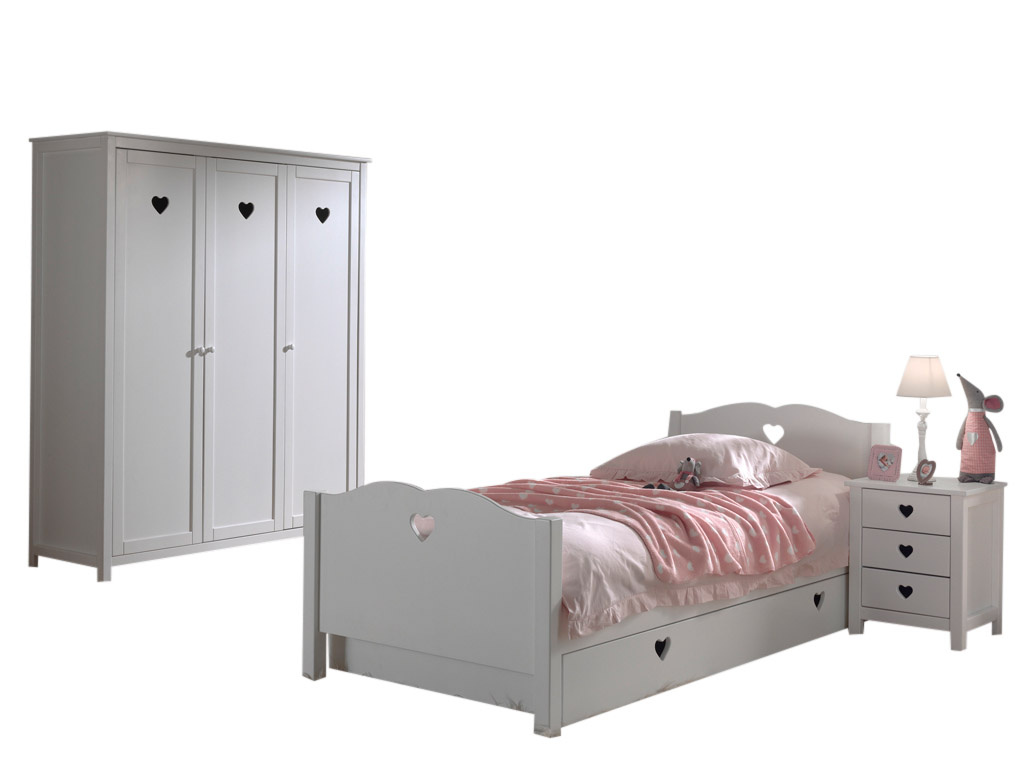 LUCEVI - Amori bed + Nachtkastje + 3 Deurs Kleerkast + Rolbed - Wit - 90x200 cm