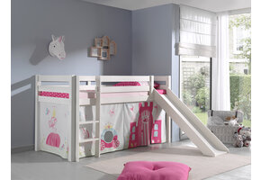 LUCEVI - Pino Halfhoogslaper + Ladder + Glijbaan + Princess Gordijntjes - Wit - 90x200 cm