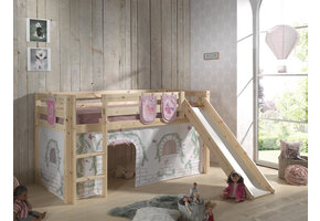 LUCEVI - Pino Halfhoogslaper + Ladder + Glijbaan + Birdy Gordijntjes + 3 Zakjes - Bruin - 90x200 cm