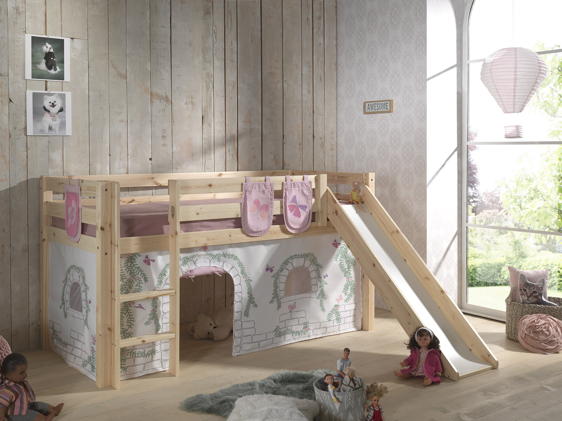 LUCEVI - Pino Halfhoogslaper + Ladder + Glijbaan + Birdy Gordijntjes + 3 Zakjes - Bruin - 90x200 cm