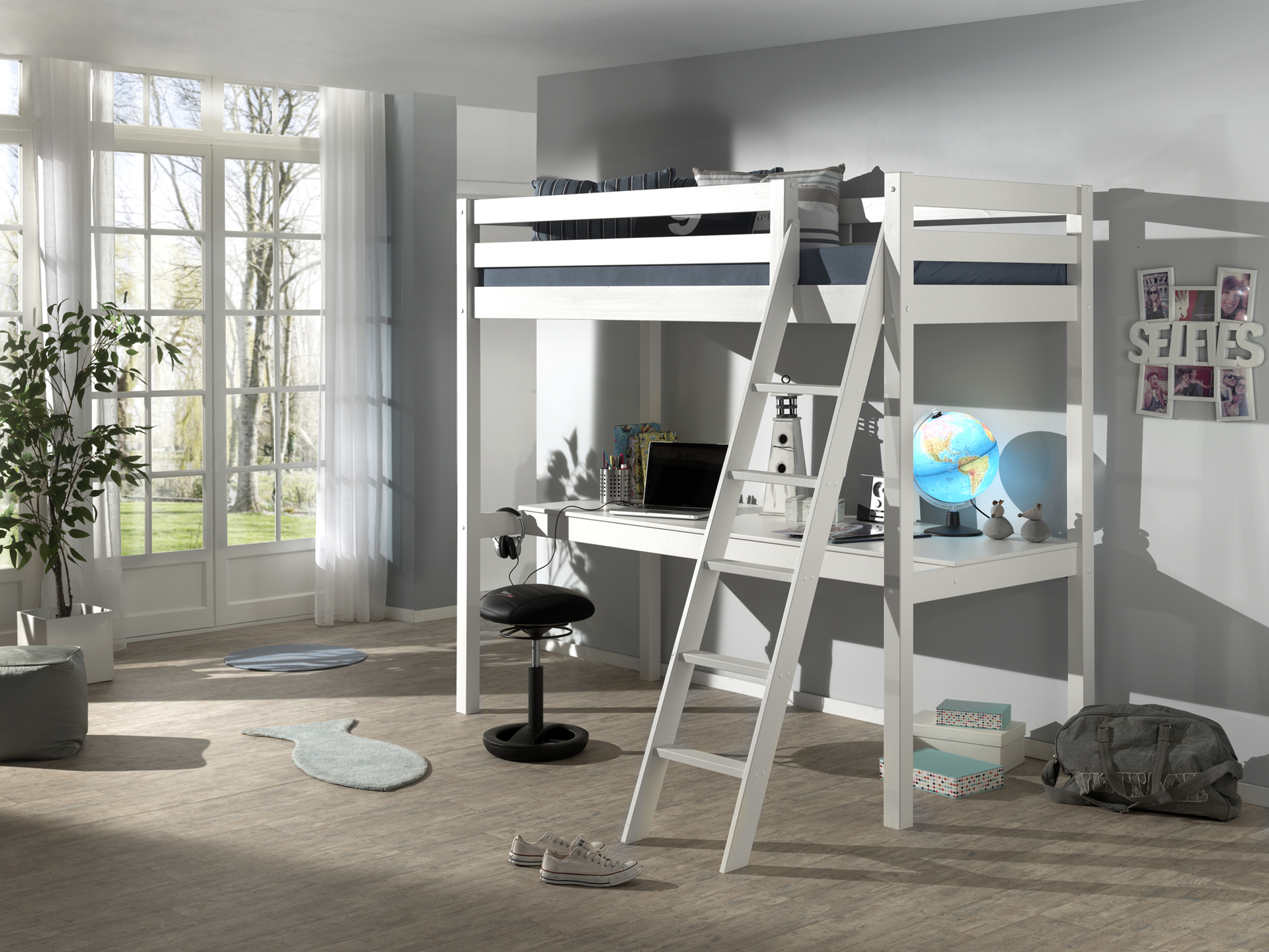 LUCEVI - Pino Mezzanine bed + Ladder + Bureau - Wit - 90x200 cm