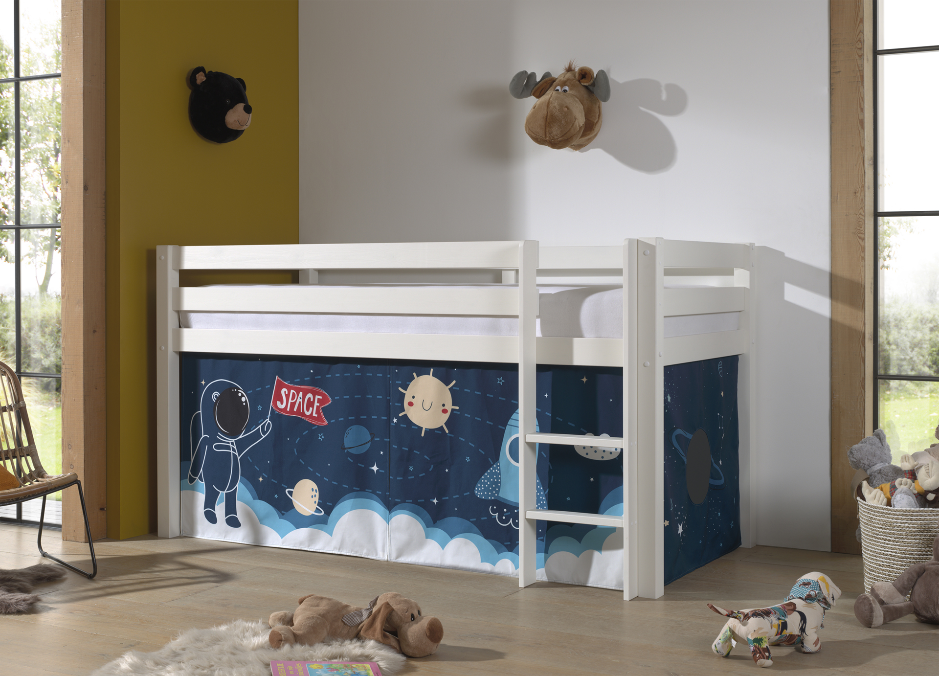 LUCEVI - Pino Halfhoogslaper H115CM + Ladder + Space Shuttle Gordijntjes - Wit - 90x200 cm