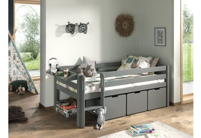 LUCEVI - Pino Halfhoogslaper H85CM + Ladder + Set van 3 Laden + Hangplank - Grijs - 90x200 cm