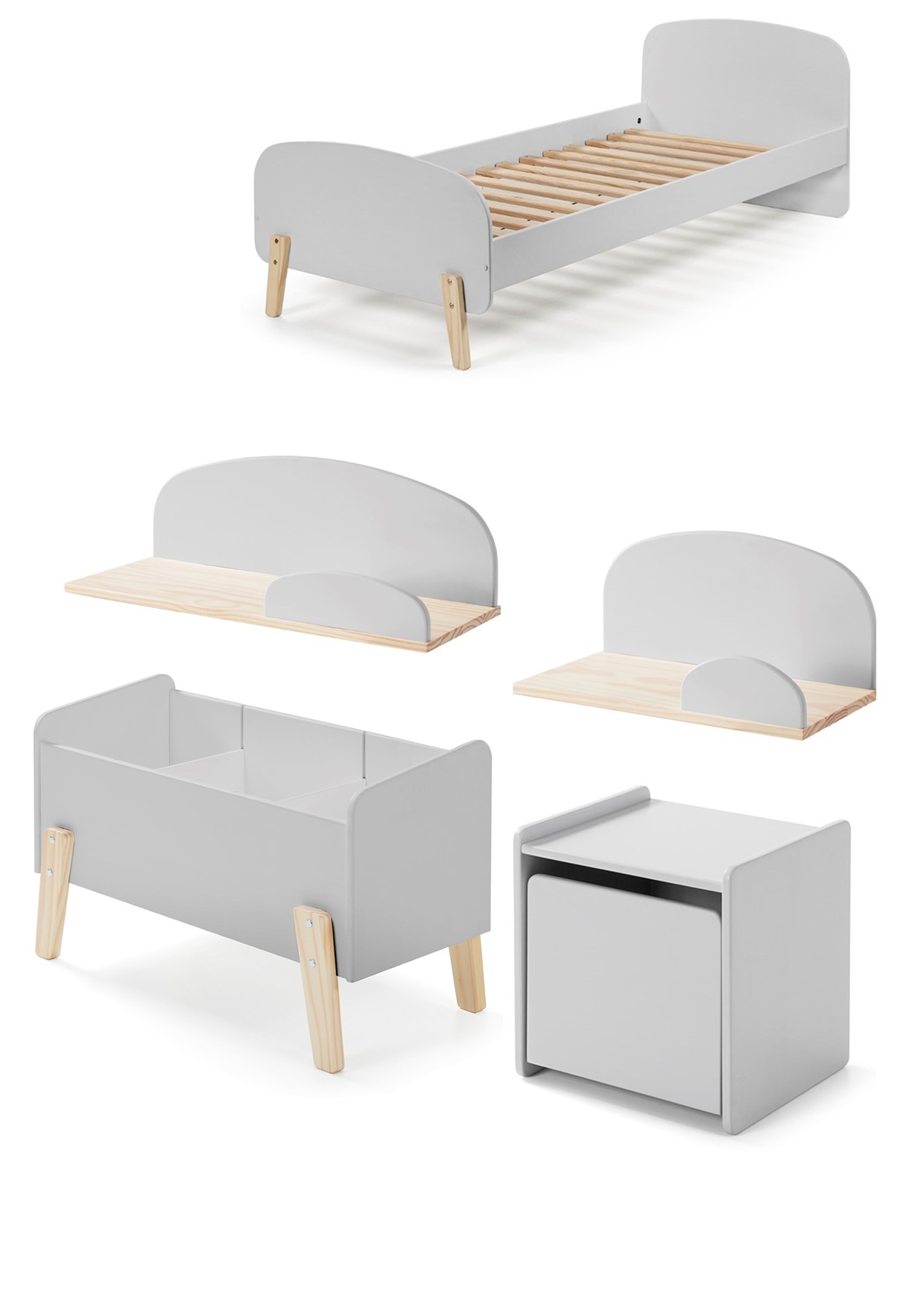 LUCEVI - Kiddy bed + Nachtkastje + Hangplankjes + Speelkoffer - Cool Grey - 90x200 cm