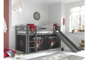 LUCEVI - Pino Halfhoogslaper H115CM + Ladder + Glijbaan + Pirates Gordijntjes - Grijs - 90x200 cm