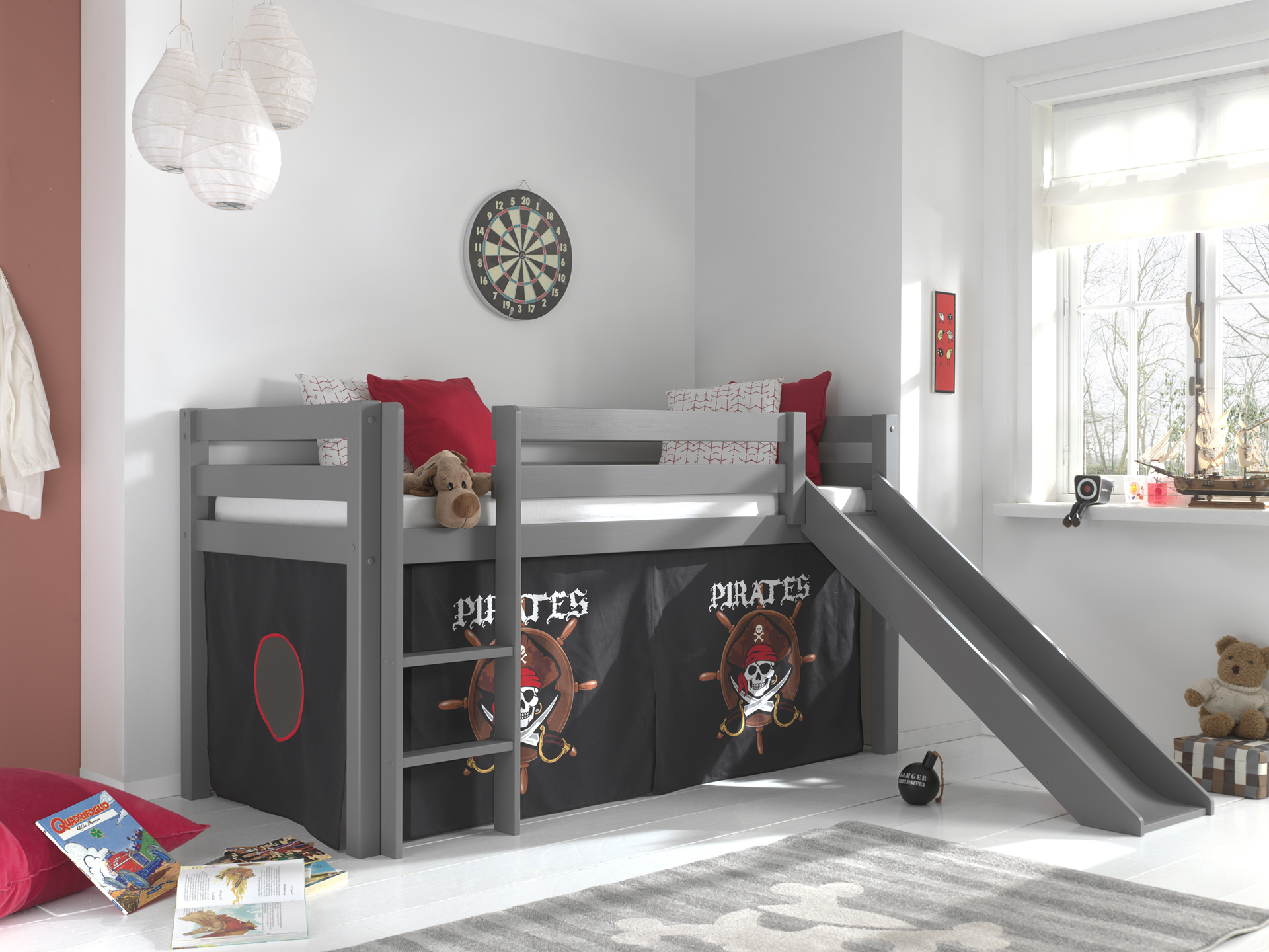 LUCEVI - Pino Halfhoogslaper H115CM + Ladder + Glijbaan + Pirates Gordijntjes - Grijs - 90x200 cm