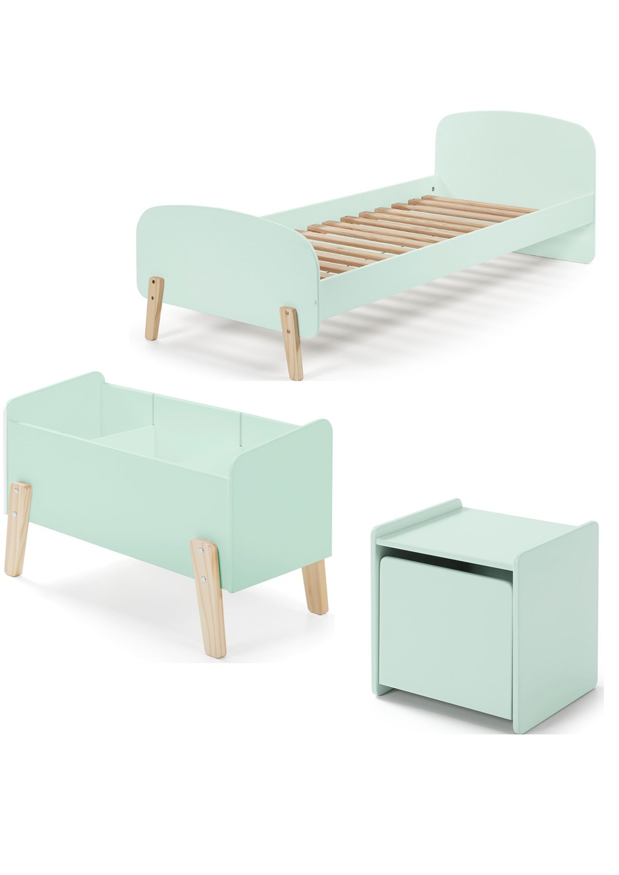 LUCEVI - Kiddy bed + Nachtkastje + Speelkoffer - Mint Green - 90x200 cm