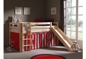 LUCEVI - Pino Halfhoogslaper + Ladder + Glijbaan + Clown Gordijntjes - Bruin - 90x200 cm