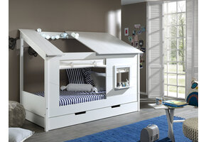 LUCEVI - Housebed 26 Huisbed + Set van Gordijntjes + Rolbed - Wit - 90x200 cm