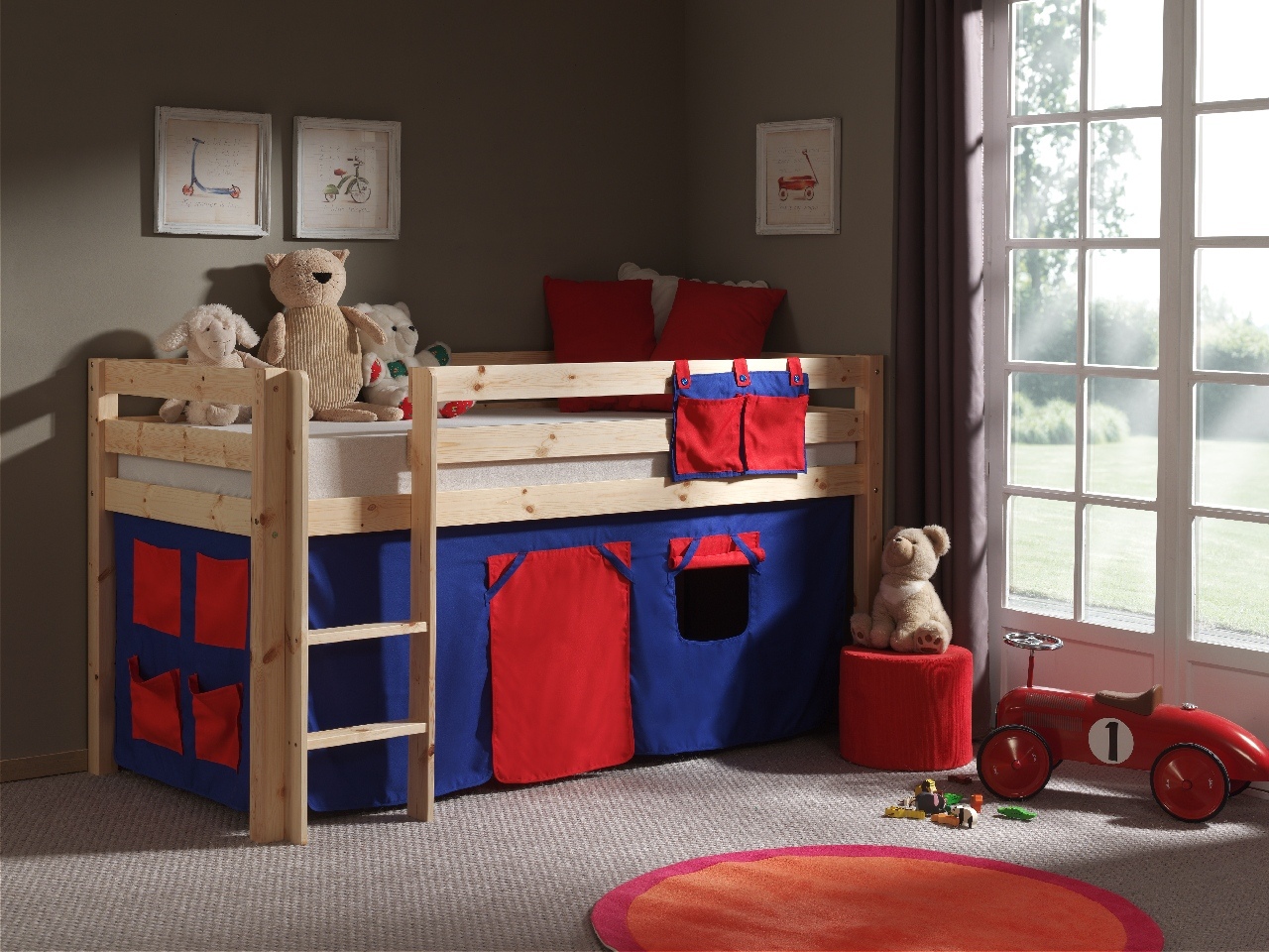 LUCEVI - Pino Halfhoogslaper + Ladder + Domino Gordijntjes - Bruin - 90x200 cm