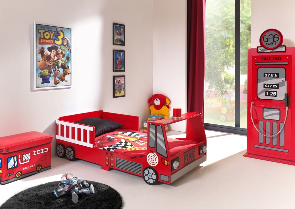 LUCEVI - Carbeds Peuter Fire Truck bed + Lattenbodem + Gas Pump Kast - Rood - 90x200cm