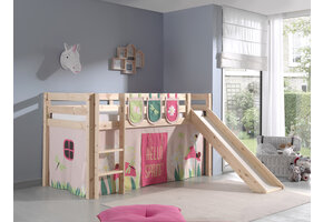 LUCEVI - Pino Halfhoogslaper + Ladder + Glijbaan + Spring Gordijntjes + 3 Zakjes - Bruin - 90x200 cm