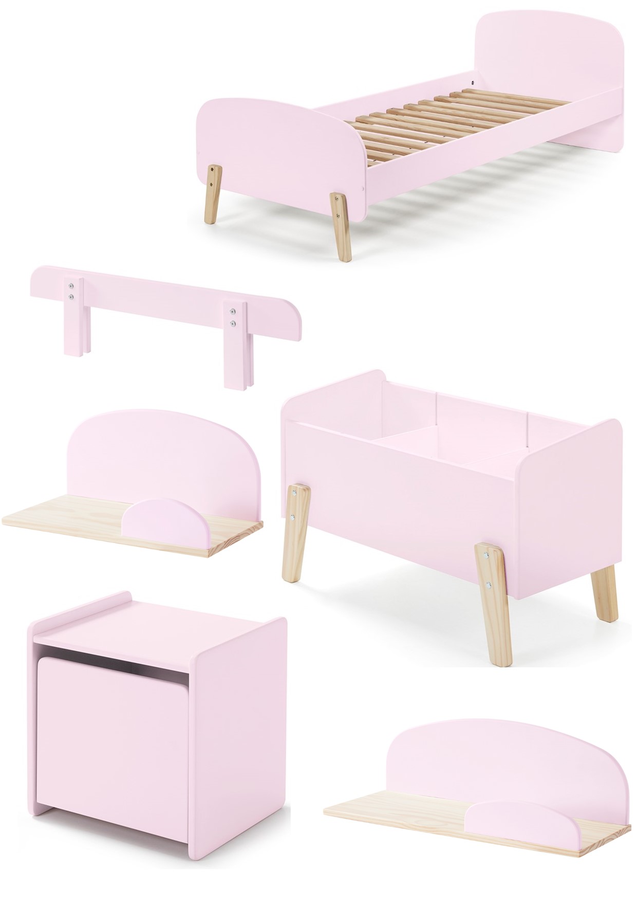 LUCEVI - Kiddy bed + Nachtkastje + Hangplankjes + Uitvalbeveiliging + Speelkoffer - Roze - 90x200 cm