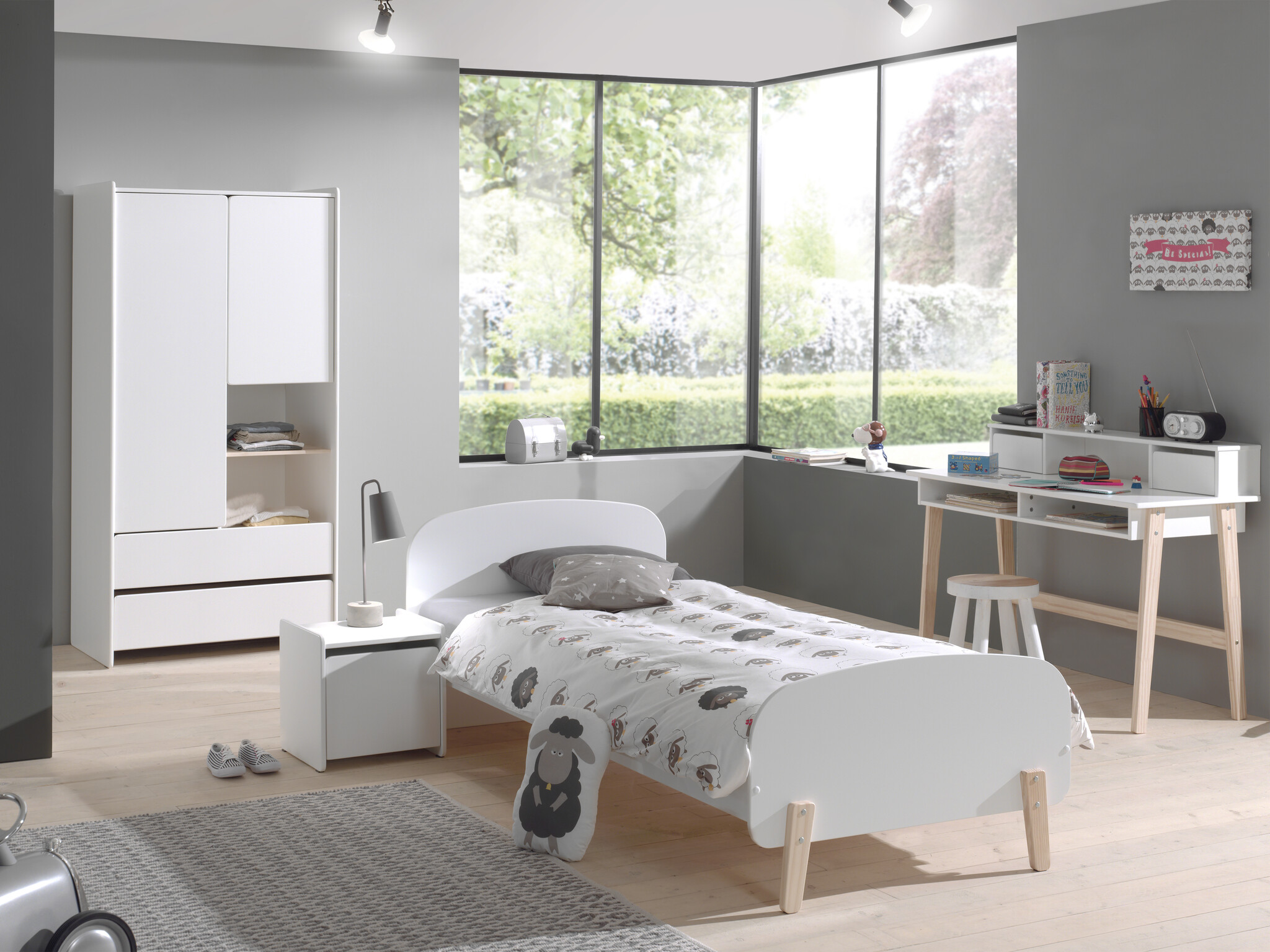 LUCEVI - Kiddy bed + 2 Deurs Kleerkast + Nachtkastje + Bureau - Wit - 90x200 cm