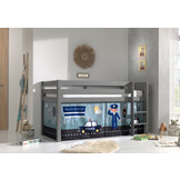 LUCEVI - Pino Halfhoogslaper H115CM + Ladder + Police Gordijntjes - Grijs - 90x200 cm