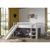 LUCEVI - Pino Halfhoogslaper H115CM + Ladder + Glijbaan + Caribian Pirates Gordijntjes - Wit - 90x200 cm