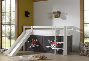 LUCEVI - Pino Halfhoogslaper H115CM + Ladder + Glijbaan + Caribian Pirates Gordijntjes - Wit - 90x200 cm