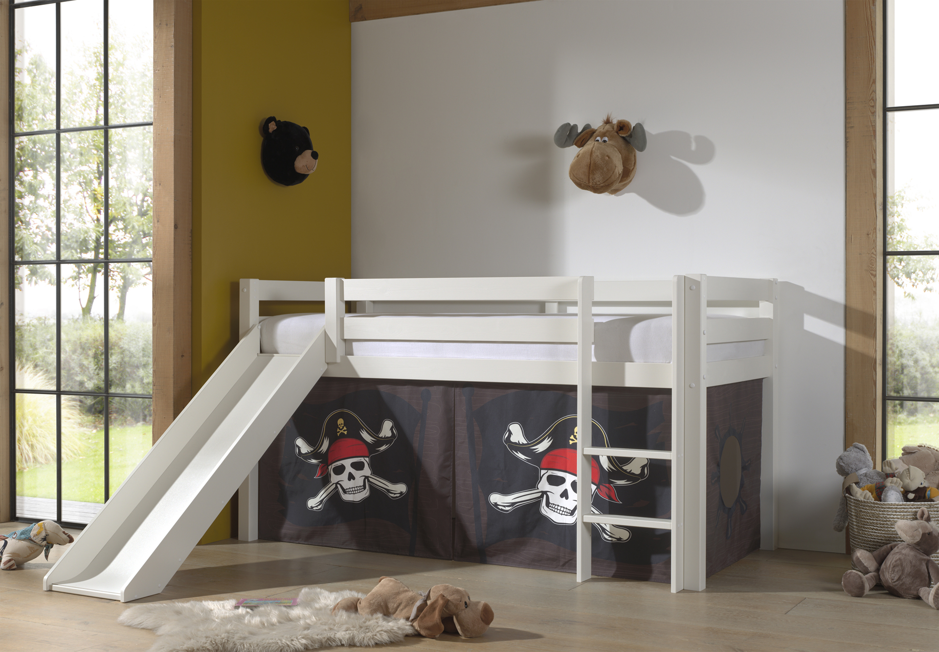 LUCEVI - Pino Halfhoogslaper H115CM + Ladder + Glijbaan + Caribian Pirates Gordijntjes - Wit - 90x200 cm