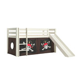 LUCEVI - Pino Halfhoogslaper H115CM + Ladder + Glijbaan + Caribian Pirates Gordijntjes - Wit - 90x200 cm