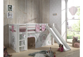 LUCEVI - Pino Halfhoogslaper + Ladder + Glijbaan + Birdy Gordijntjes + 3 Zakjes - Wit - 90x200 cm