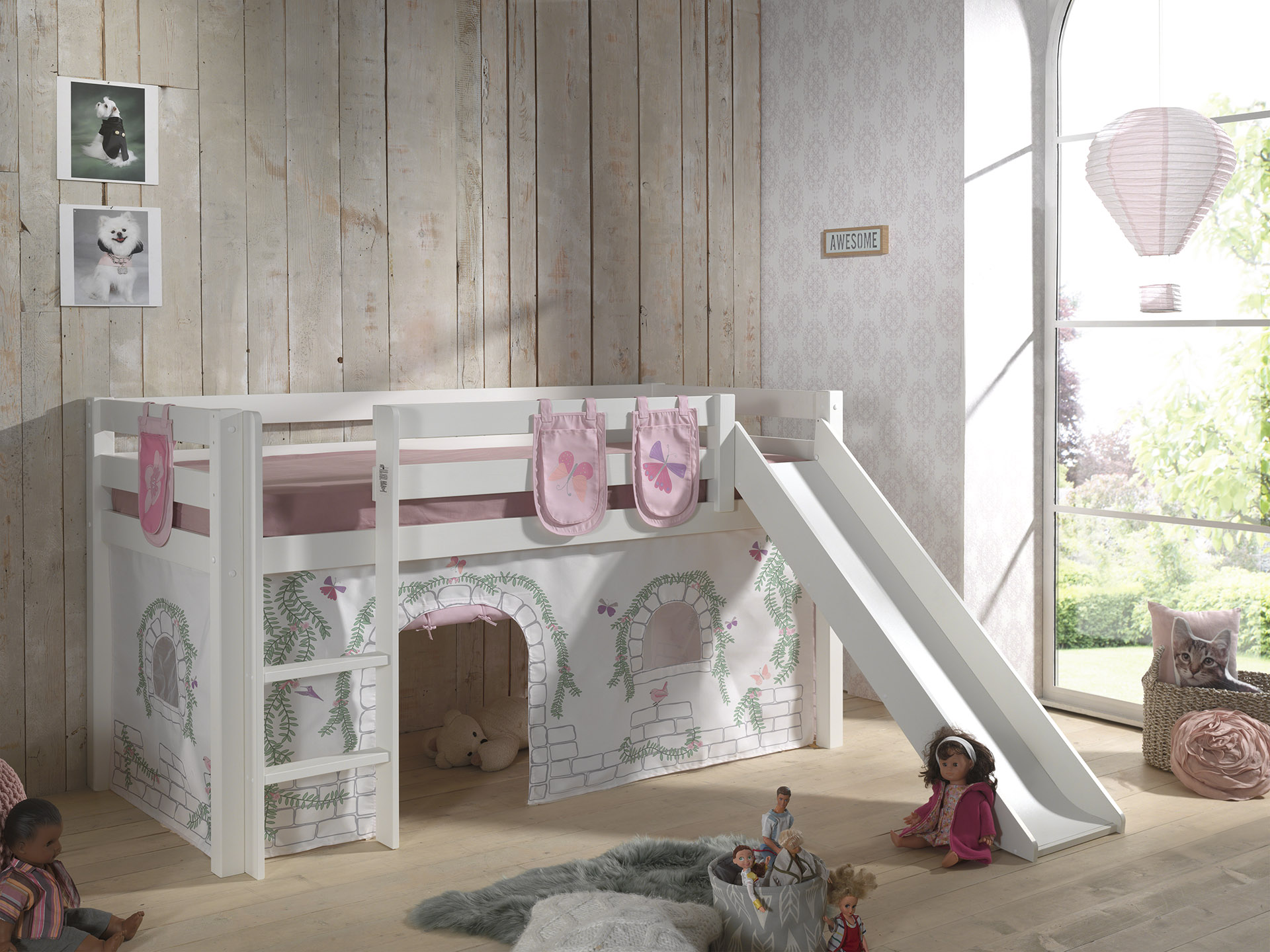 LUCEVI - Pino Halfhoogslaper + Ladder + Glijbaan + Birdy Gordijntjes + 3 Zakjes - Wit - 90x200 cm