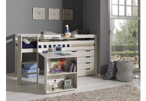 LUCEVI - Pino Halfhoogslaper + Ladder + Bureau + Commode 4 laden + Hangplank - Wit - 90x200 cm