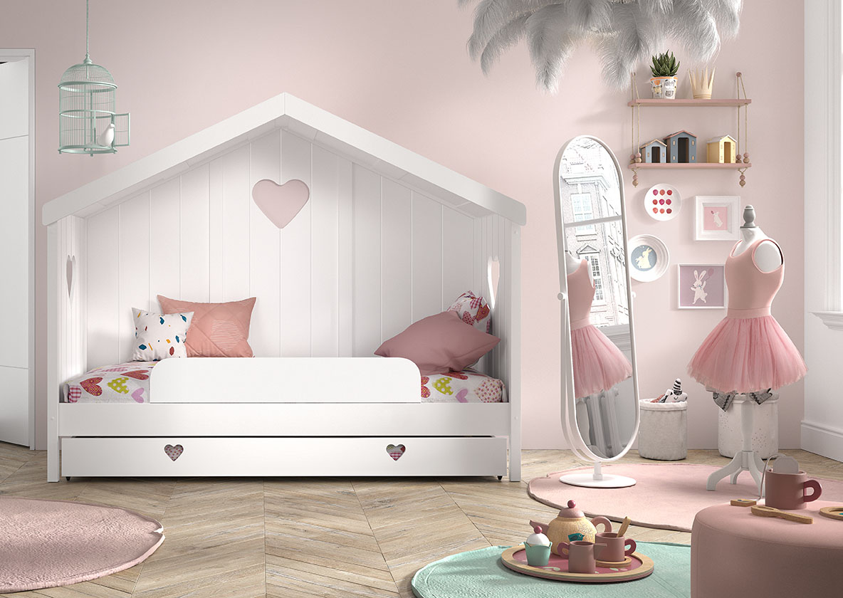 LUCEVI - Amori 91 Huisbed Met Rug + Lattenbodem + Rolbed + Uitvalbeveiliging - Wit - 90x200 cm