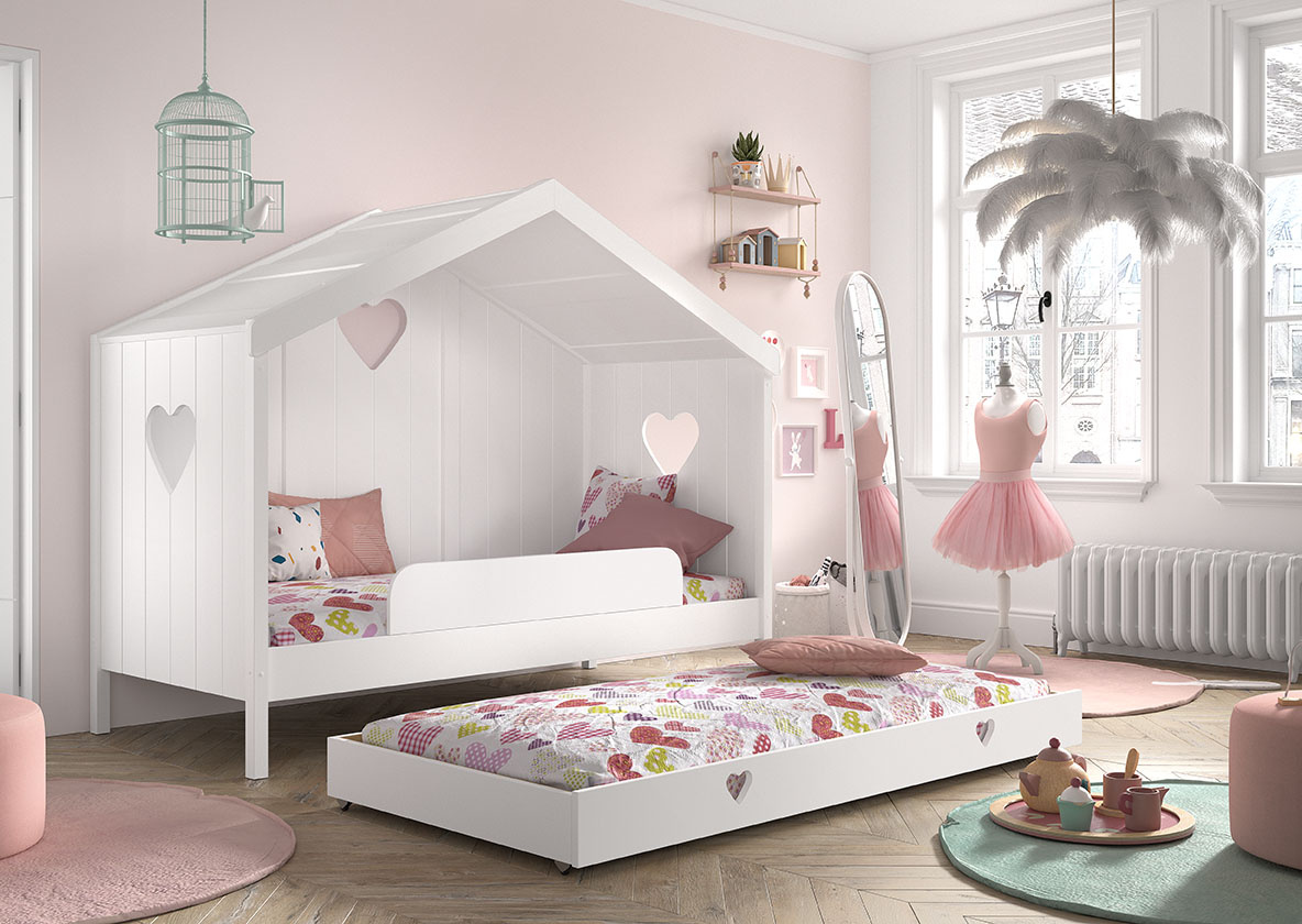LUCEVI - Amori 91 Huisbed Met Rug + Lattenbodem + Rolbed + Uitvalbeveiliging - Wit - 90x200 cm