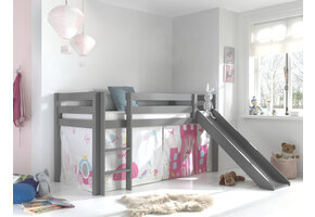 LUCEVI - Pino Halfhoogslaper + Ladder + Glijbaan + Princess Gordijntjes - Grijs - 90x200 cm