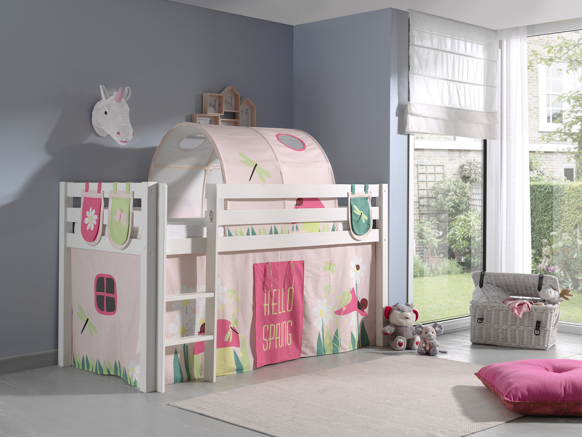 LUCEVI - Pino Halfhoogslaper + Ladder + Spring Gordijntjes + 3 Zakjes + Spring Tunnel - Wit - 90x200 cm