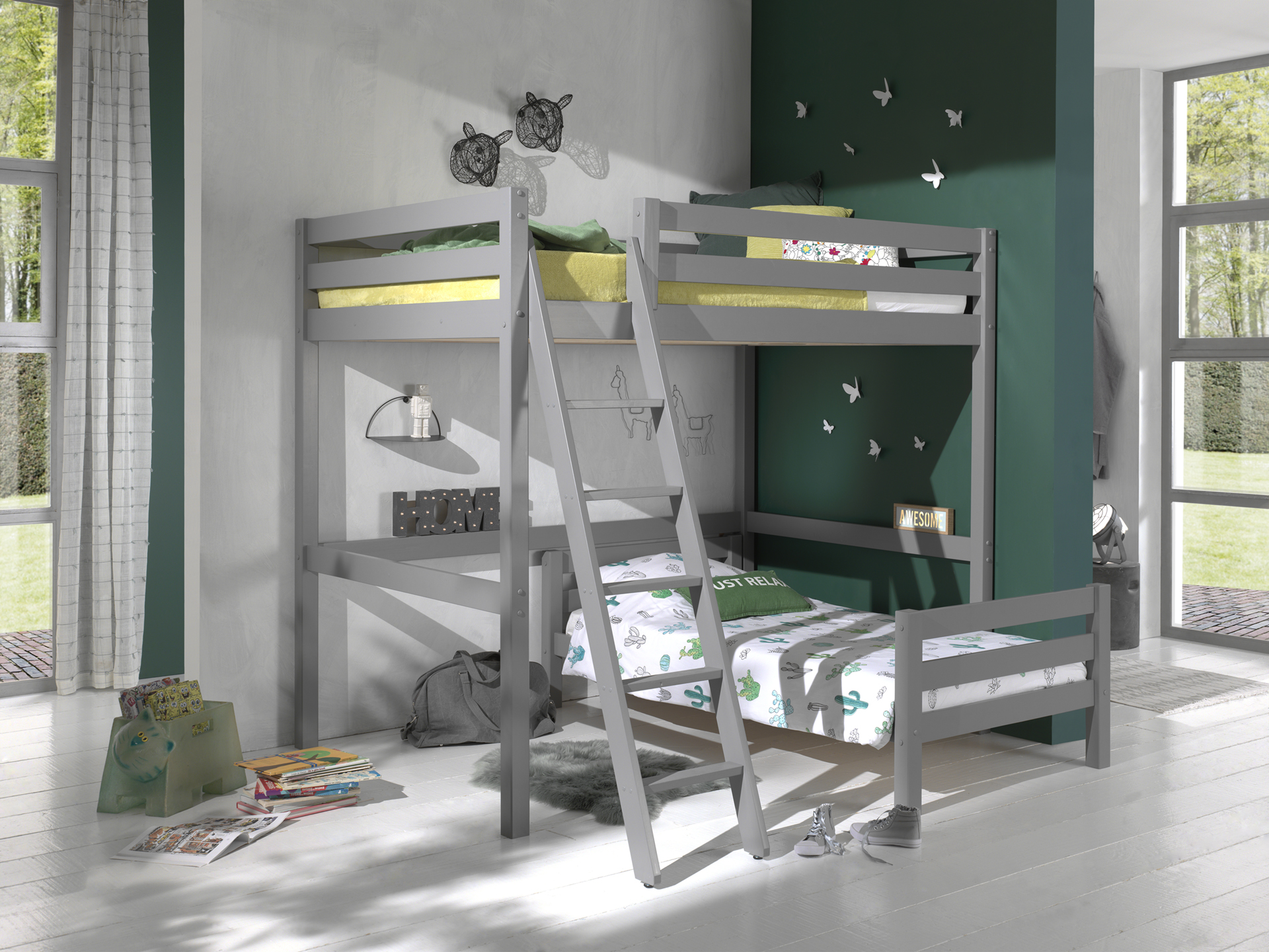 LUCEVI - Pino Mezzanine bed 140x200 cm + Ladder + Bed 90x200 cm - Grijs