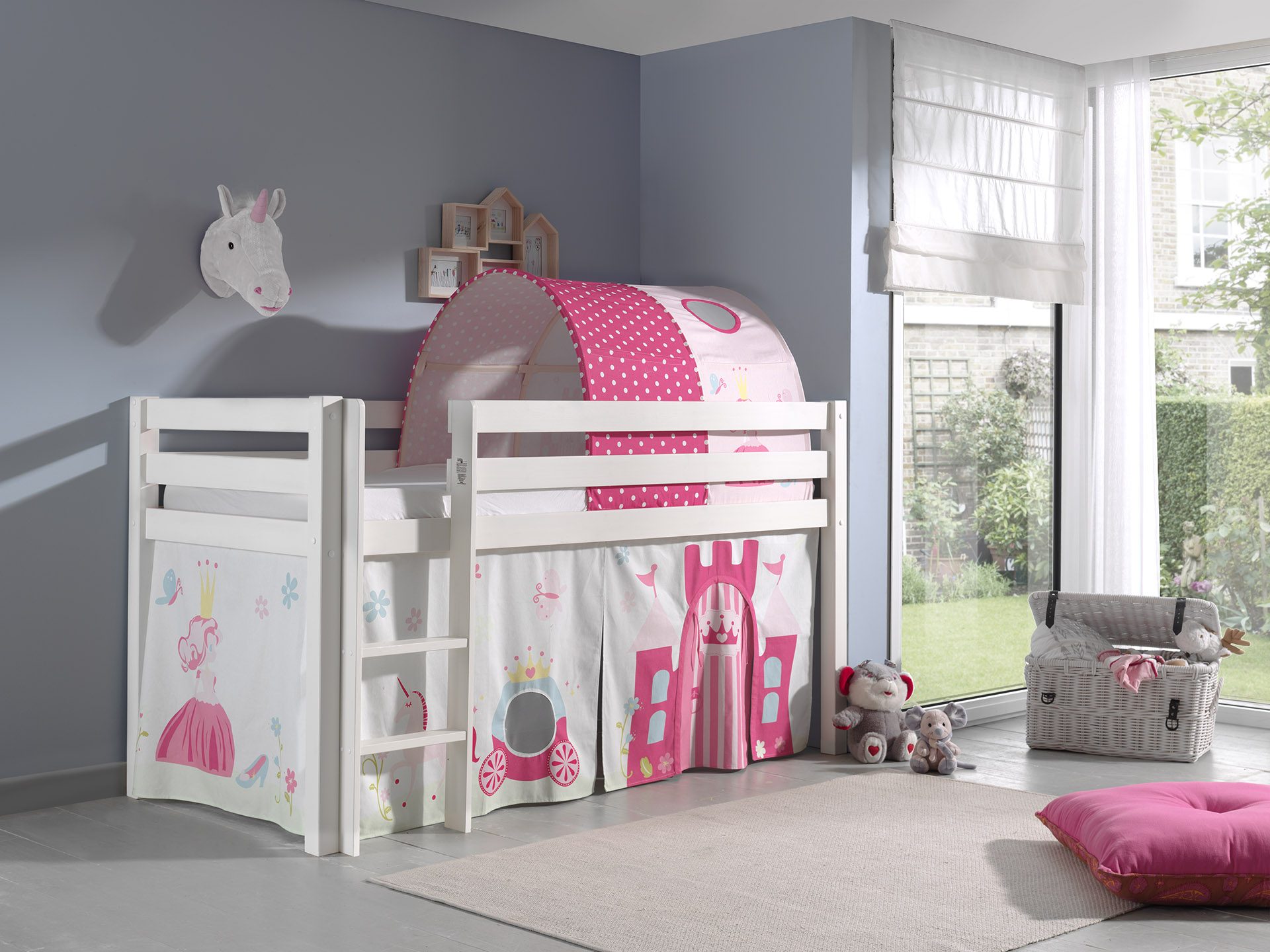 LUCEVI - Pino Halfhoogslaper + Ladder + Princess Gordijntjes + Princess Tunnel - Wit - 90x200 cm