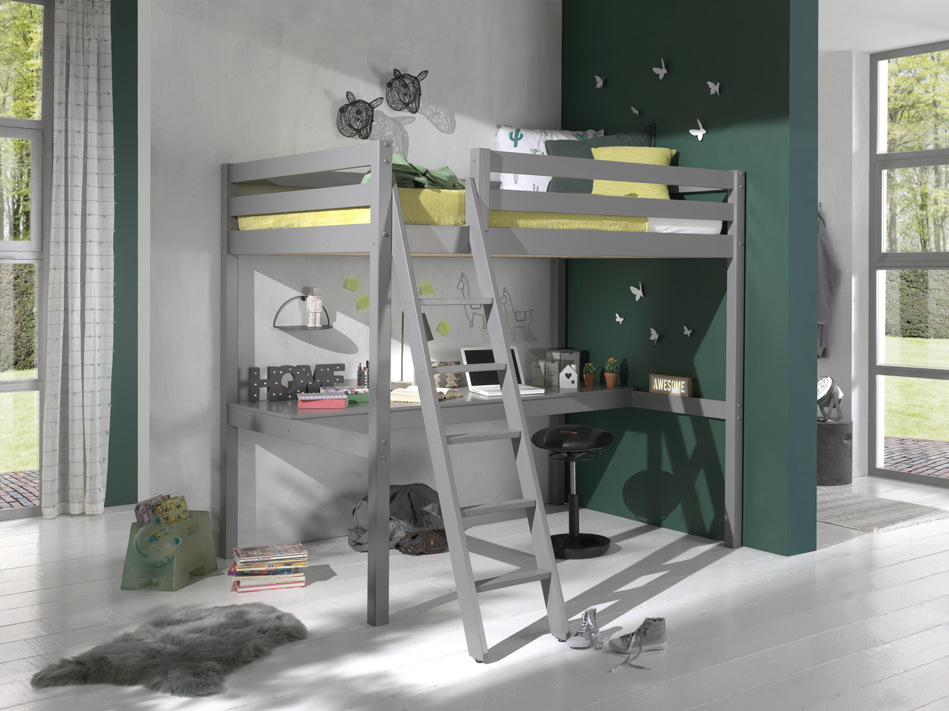 LUCEVI - Pino Mezzanine bed + Ladder + Bureau - Grijs - 140x200 cm