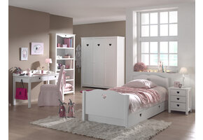 LUCEVI - Amori bed + Nachtkastje + 3 Deurs Kleerkast + Bureau + Boekenkast + Rolbed - Wit - 90x200 cm