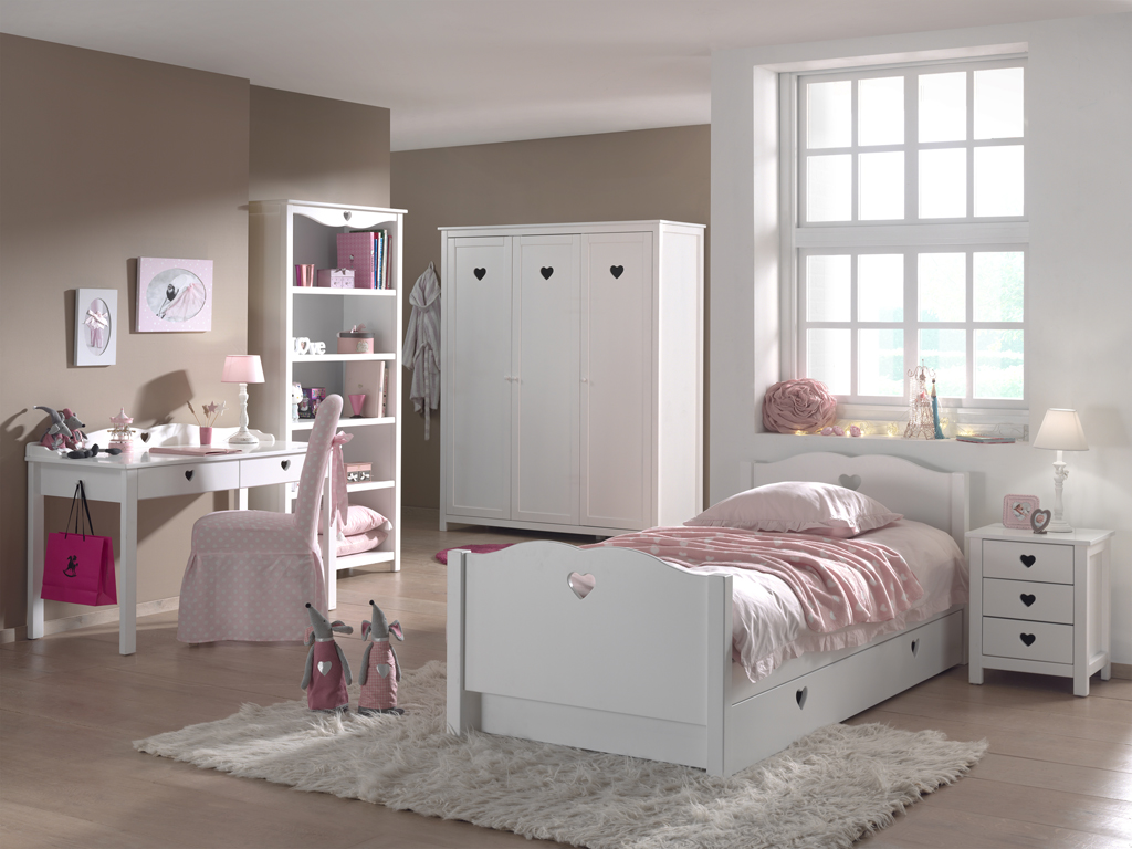 LUCEVI - Amori bed + Nachtkastje + 3 Deurs Kleerkast + Bureau + Boekenkast + Rolbed - Wit - 90x200 cm
