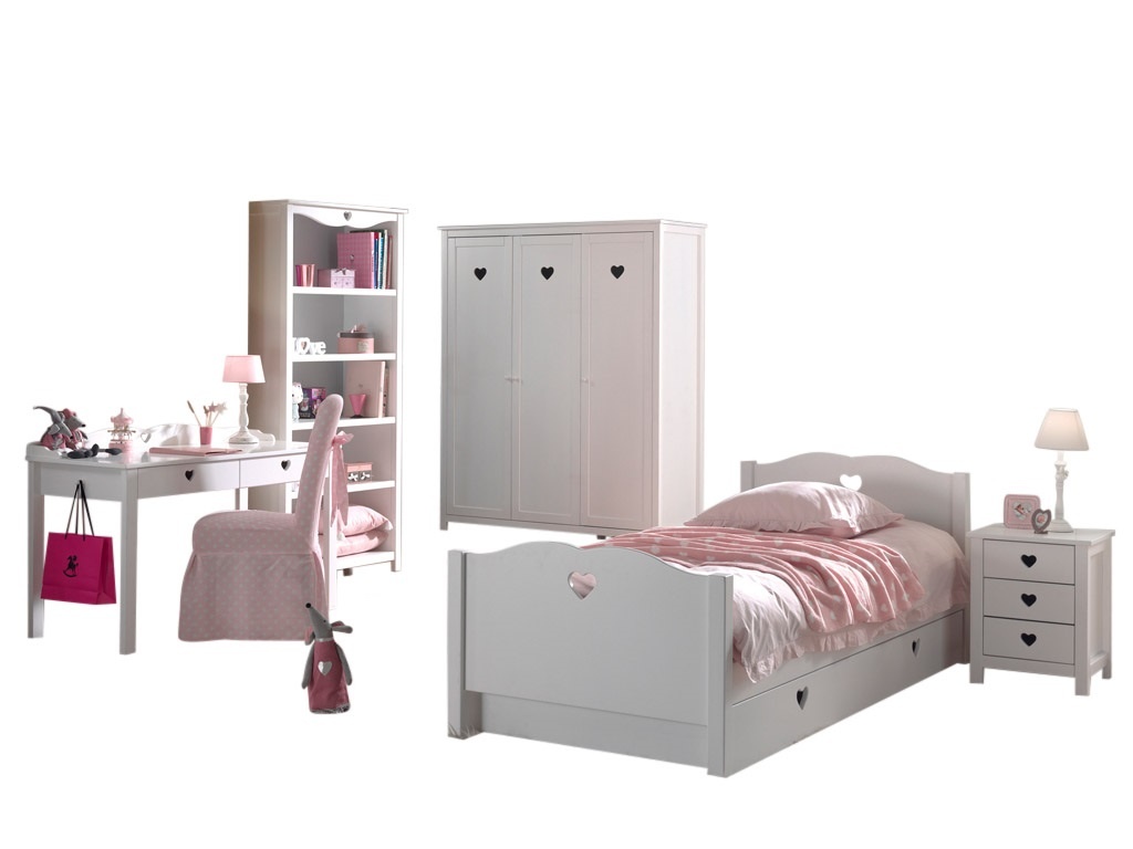 LUCEVI - Amori bed + Nachtkastje + 3 Deurs Kleerkast + Bureau + Boekenkast + Rolbed - Wit - 90x200 cm