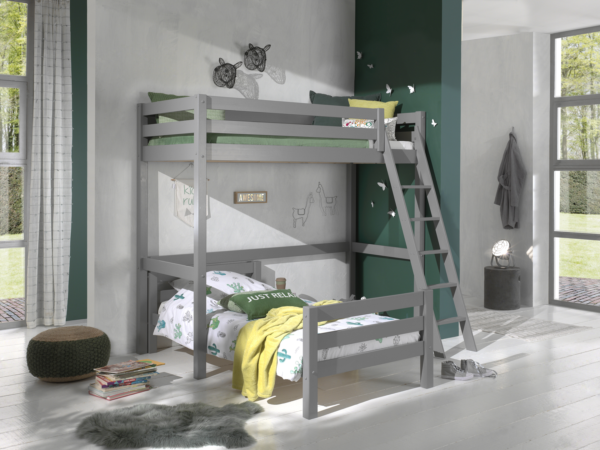 LUCEVI - Pino Mezzanine bed 90x200 cm + Ladder + Bed 90x200 cm - Grijs