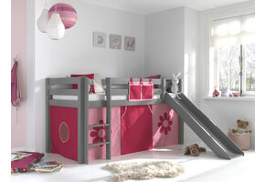 LUCEVI - Pino Halfhoogslaper H115CM + Ladder + Glijbaan + Pink Flower Gordijntjes - Grijs - 90x200 cm