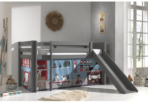 LUCEVI - Pino Halfhoogslaper H115CM + Ladder + Glijbaan + Pet Shop Gordijntjes - Grijs - 90x200 cm