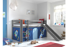 LUCEVI - Pino Halfhoogslaper + Ladder + Glijbaan + Astro Gordijntjes - Grijs - 90x200 cm