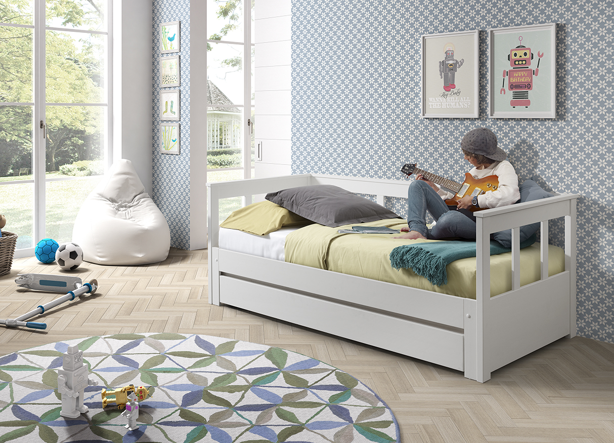 LUCEVI - Pino 91 Uitschuif Kajuitbed + Lattenbodem - Wit - 90/180x200 cm