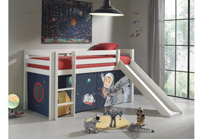 LUCEVI - Pino Halfhoogslaper + Ladder + Glijbaan + Space Gordijntjes - Wit - 90x200 cm