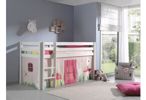 LUCEVI - Pino Halfhoogslaper + Ladder + Spring Gordijntjes - Wit - 90x200 cm