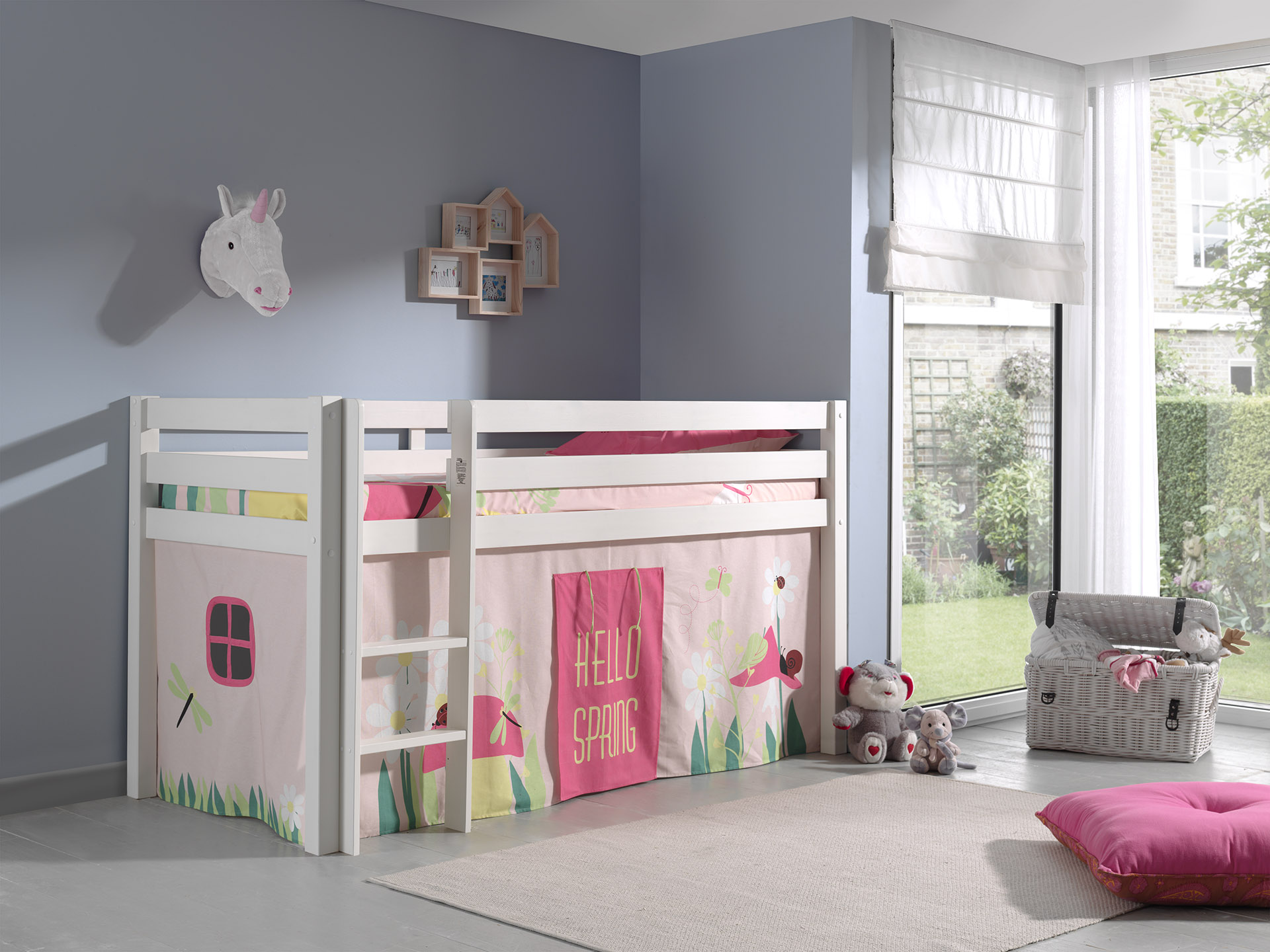 LUCEVI - Pino Halfhoogslaper + Ladder + Spring Gordijntjes - Wit - 90x200 cm