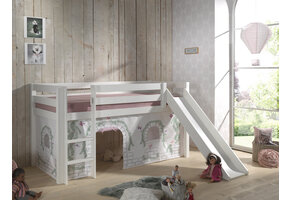 LUCEVI - Pino Halfhoogslaper + Ladder + Glijbaan + Birdy Gordijntjes - Wit - 90x200 cm